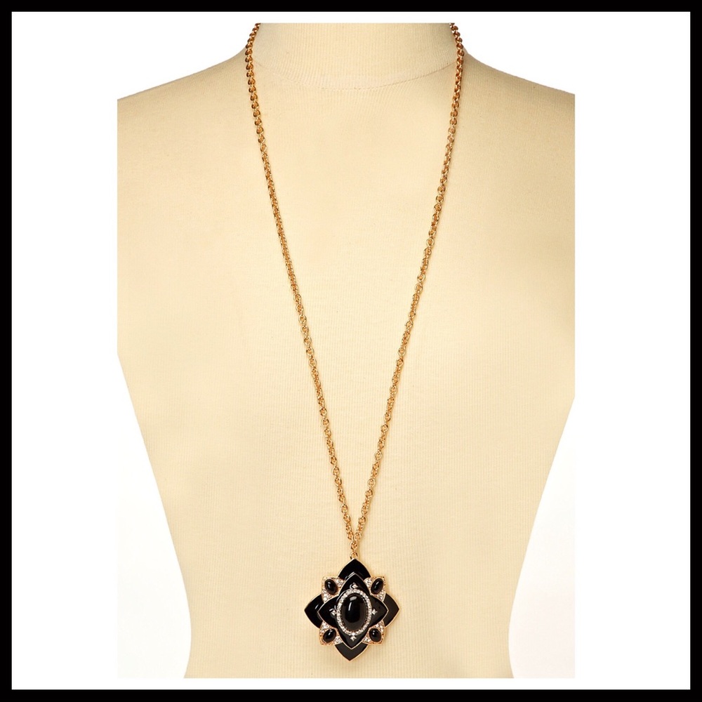 LONG PAVE CRYSTAL BLACK STONE STATEMENT NECKLACE A2C - Picture 7 of 8